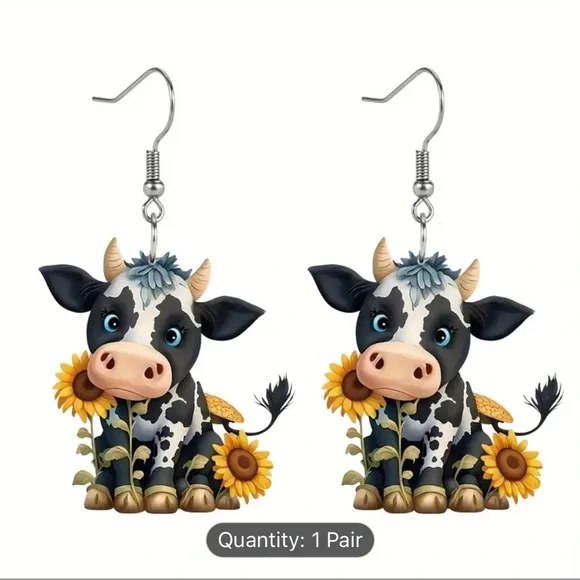 Cow and Sunflower Arylic Dangle Earrings - Picture 1 of 6